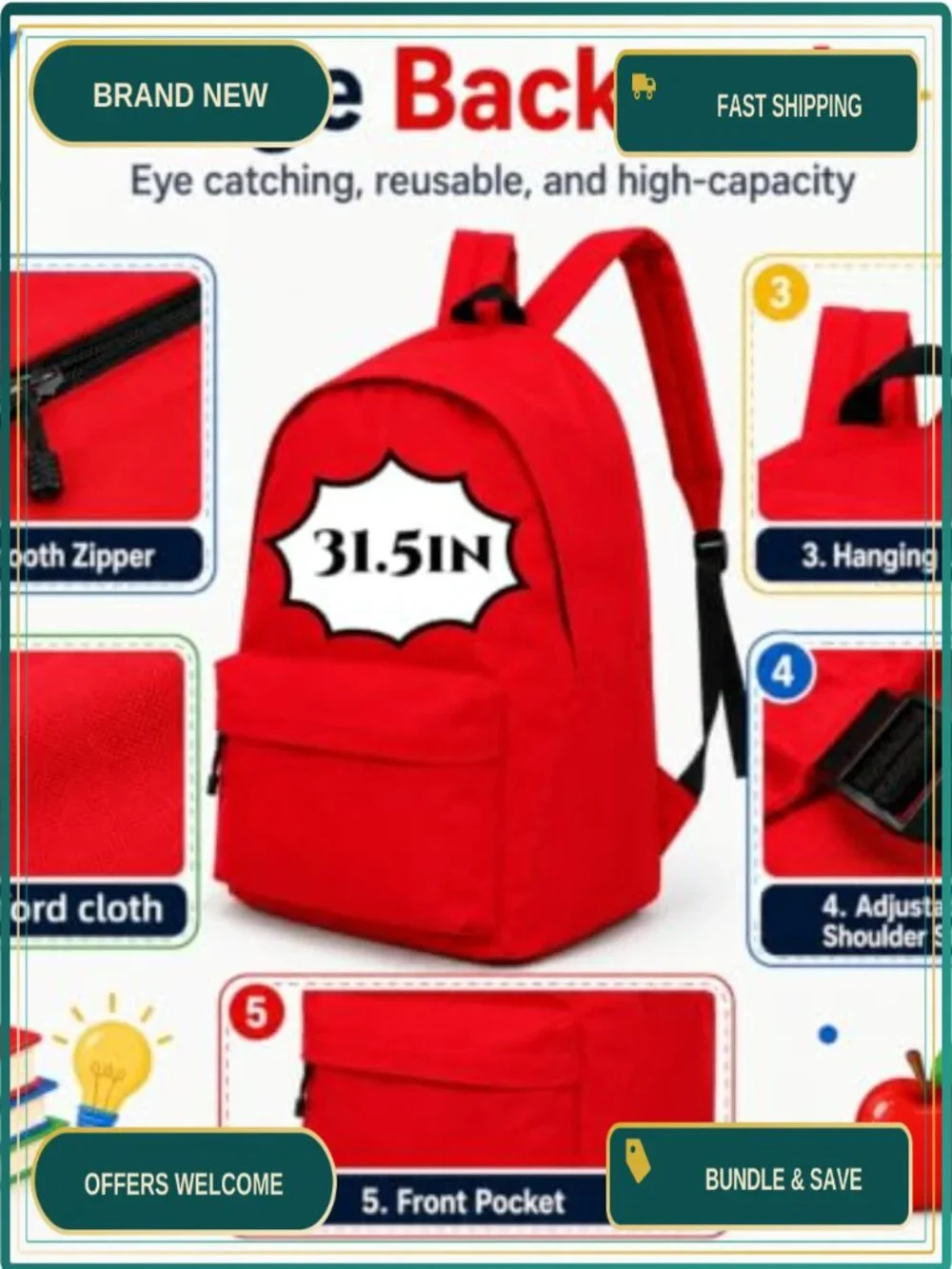 12FT Skeleton Back to School Outfit Costume Accessory Set w/ Backpack, Sign,